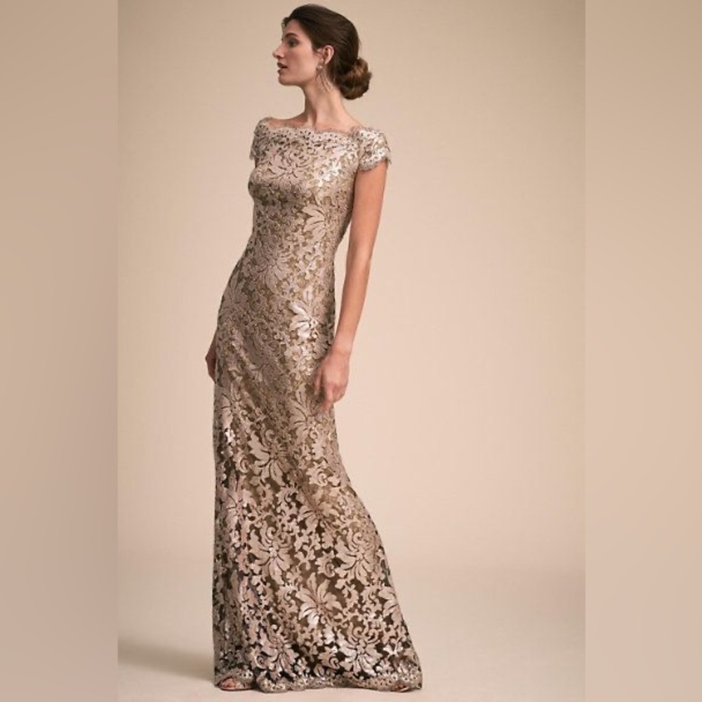 Tadashi Shoji Gold Lace Evening Gown